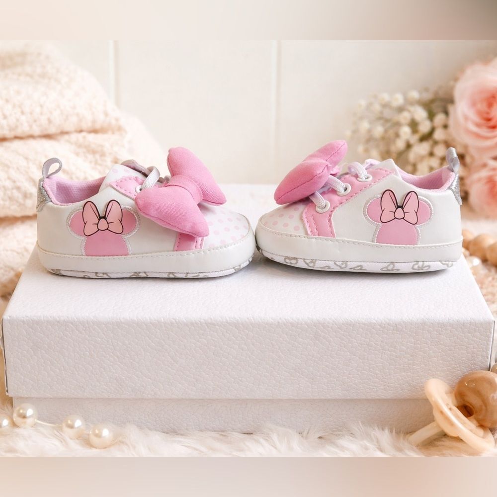 Disney Minnie Mouse Baby Girl Shoes Size 3 Pink White Bow Sneakers NWOT